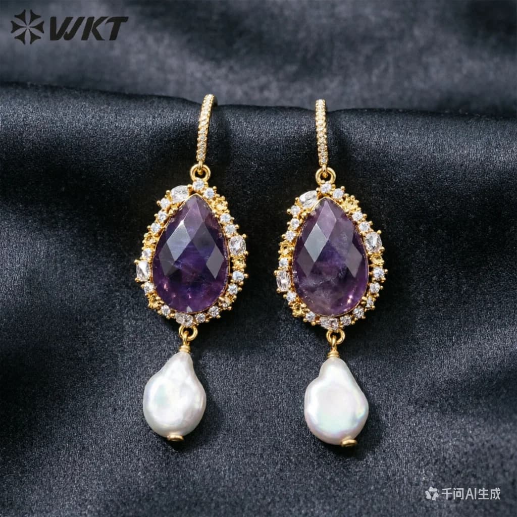 WKT-E706 WKT 2022 Orecchini in stile alla moda con quarzo rosa, lapislazzuli, ametista, amazzonite e ossidiana nera/pietra del sole, placcati in oro, idea regalo.