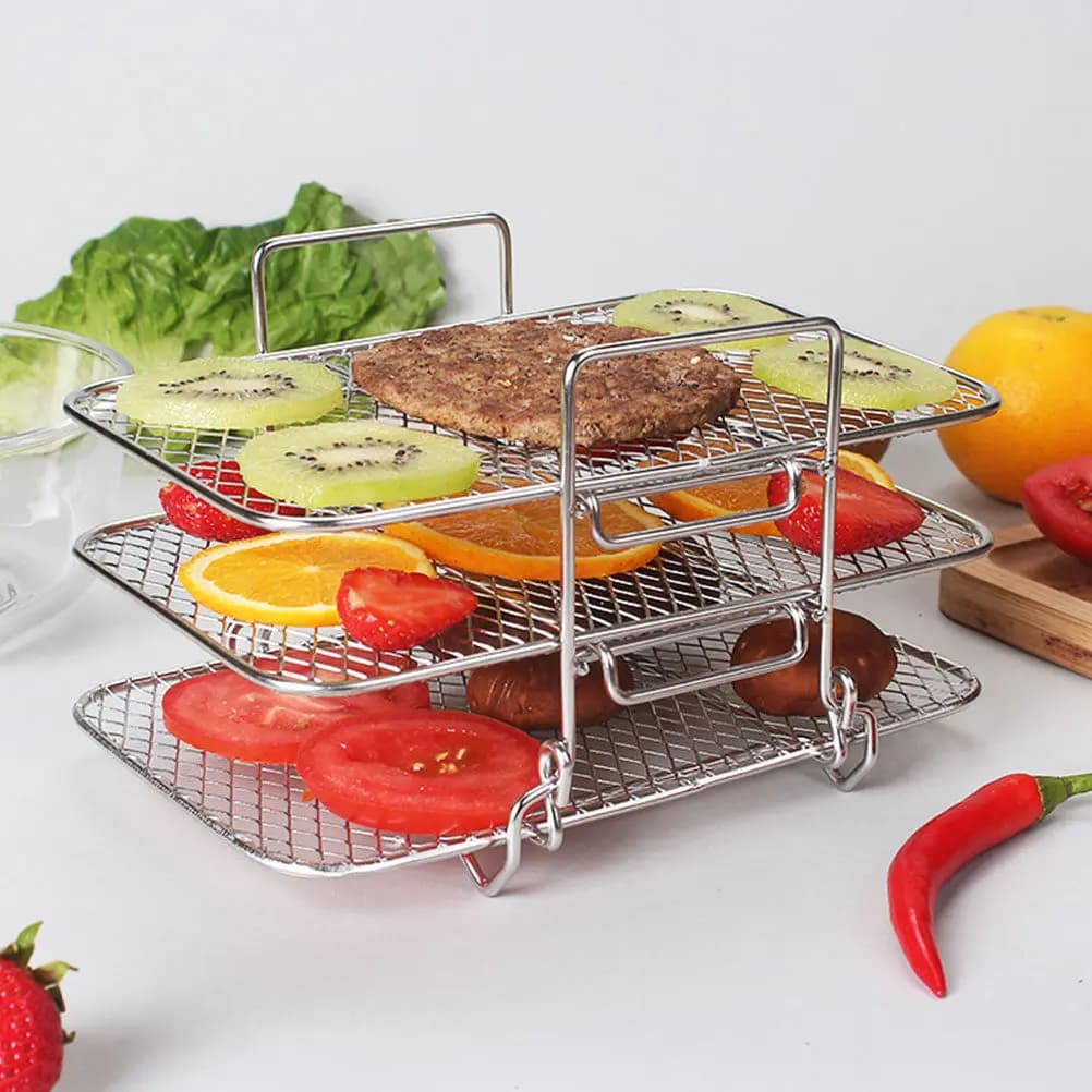 Griglia per Friggitrice ad Aria in Acciaio Inossidabile a Tre Livelli, Supporto Impilabile per Disidratazione, Comodo Supporto per Cottura, Accessorio da Cucina