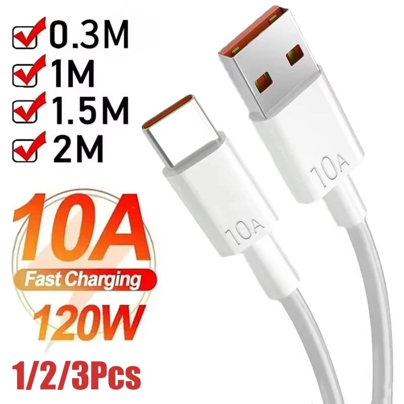 1/2/3Pcs 10A Cable 120W Super Fast Charging USB to Type C Cable For Android Highspeed Data Transfer For Xiaomi Redmi 2M Cable
