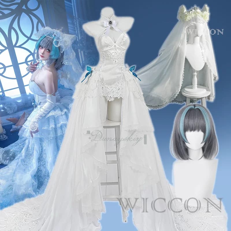 Cheshire Abito da sposa Costume cosplay Velo Anime Azur Lane Dolce Lolita Parrucca uniforme Set completo per ragazza Donna Festa di Halloween