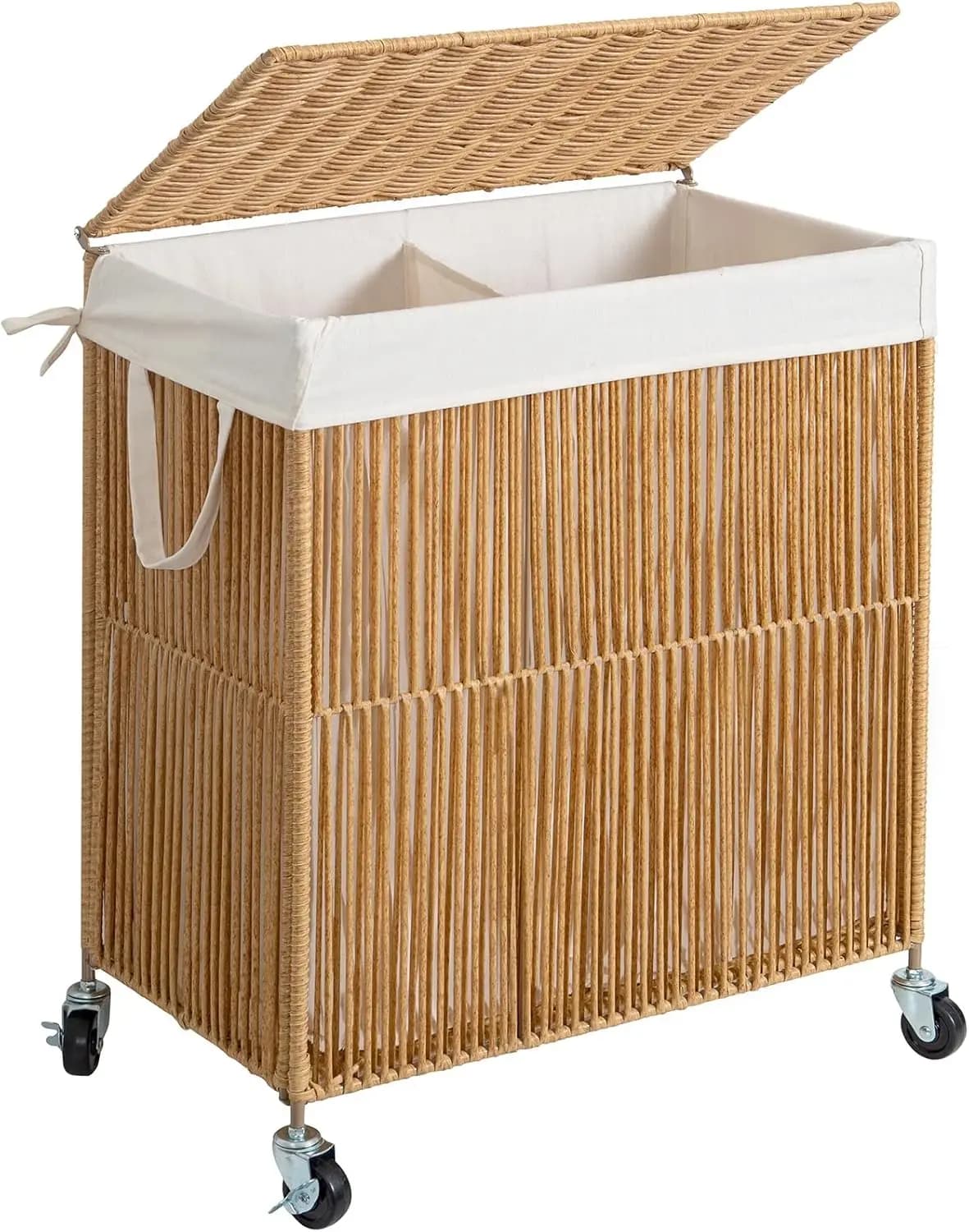 Clothes Hamper with Divided Removable Liner Bag, 115L Large Capacity Laundry Sorter Laundry Room Organization, Natural