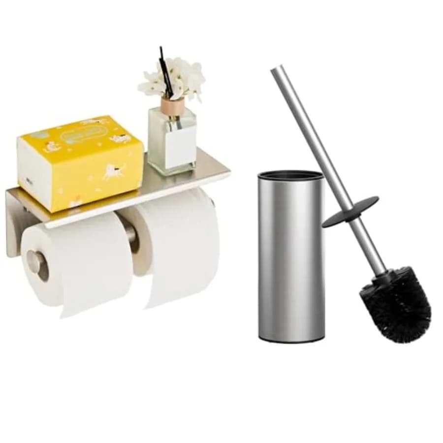 Set Portascopino WC in Nichel Spazzolato e Doppio Portarotolo Carta Igienica