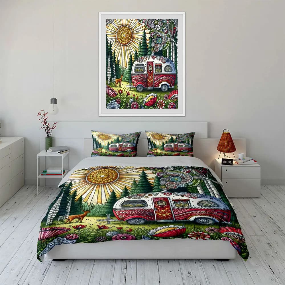 Set da letto "Boho Nature Forest Camping Set" con 1 copripiumino e 2 federe, singolo, matrimoniale, king, queen, idea regalo