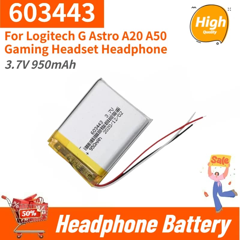 603443 Digital Battery Replacement 3.7V 950mAh for Logitech G Astro A50 A20 Headphones Lithium Ion Batteries