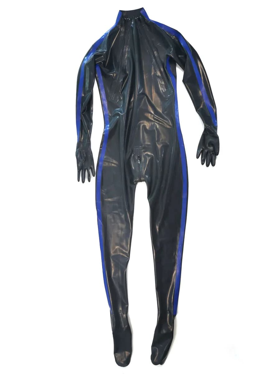 Body nero da uomo con finiture blu, inclusi guanti e calzini, con doppie cerniere sul petto e una cerniera all'inguine.