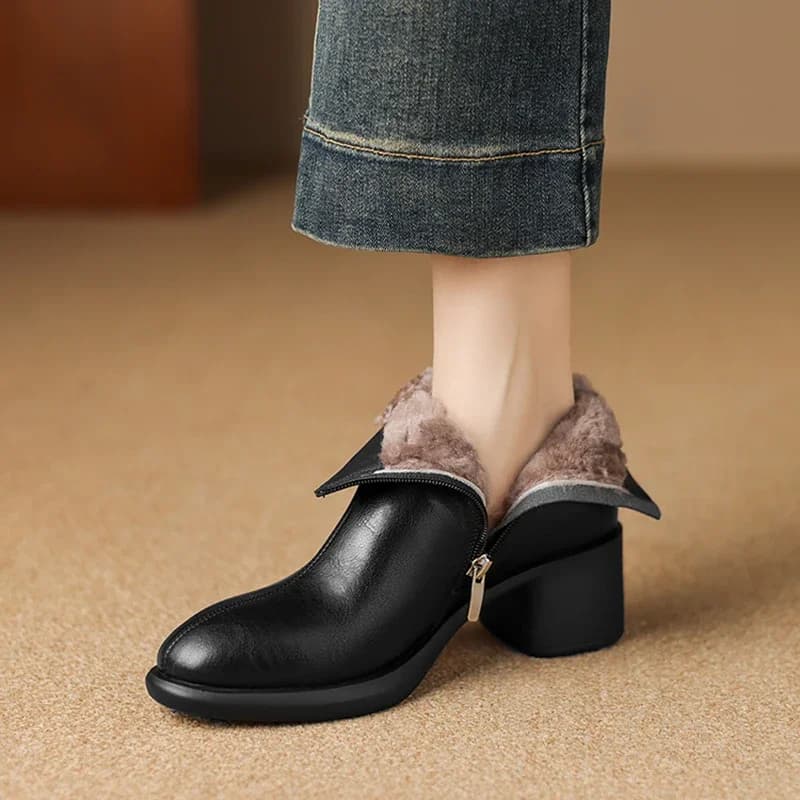 2026 new autumn winter women ankle boots natural leather plus size 22-25cm split leather+wool thick heel side zip short boots