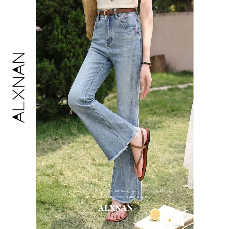ALXNAN Jeans da Donna Blu Denim a Vita Alta, Gamba Larga Svasata, Pantaloni Estivi 2026, Eleganti e Casual, Modello L65782A