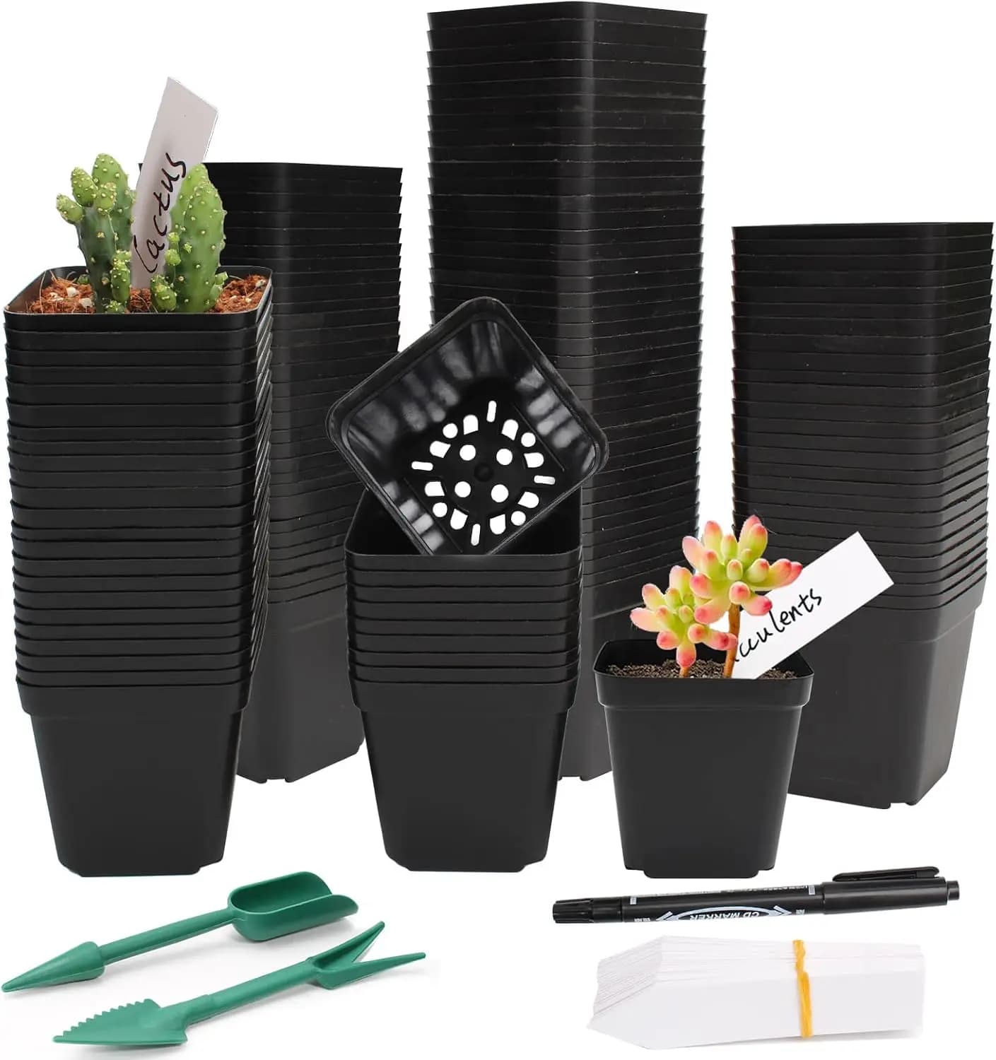 100-Pack 2.6" Square Nursery Pots with 60 Labels & Tools, Reusable Plastic Seed Starter Pots with Drainage for Succulents, Flowers, Cuttings