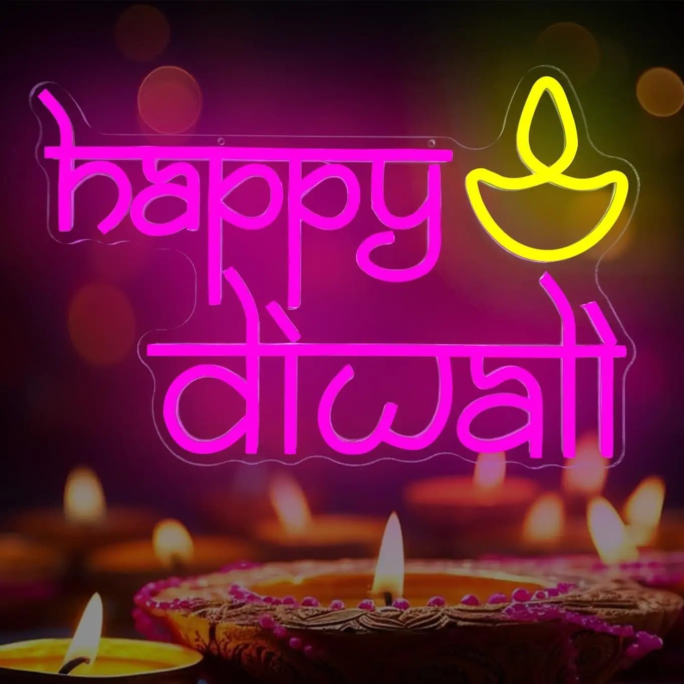 Insegna al Neon 'Happy Diwali' Alimentata USB, Luci al Neon LED Dimmerabili per Casa, Bar, Camera da Letto, Feste, Porte, Finestre, Decorazioni Murali, Regali Speciali
