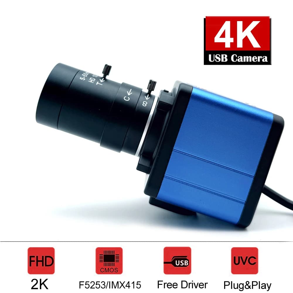 Webcam USB Industriale HD 30fps con Obiettivo Zoom Manuale 2.8-12mm 5-50mm, 4K 8MP IMX415, OTG UVC Plug and Play, Videocamera USB 2K per PC