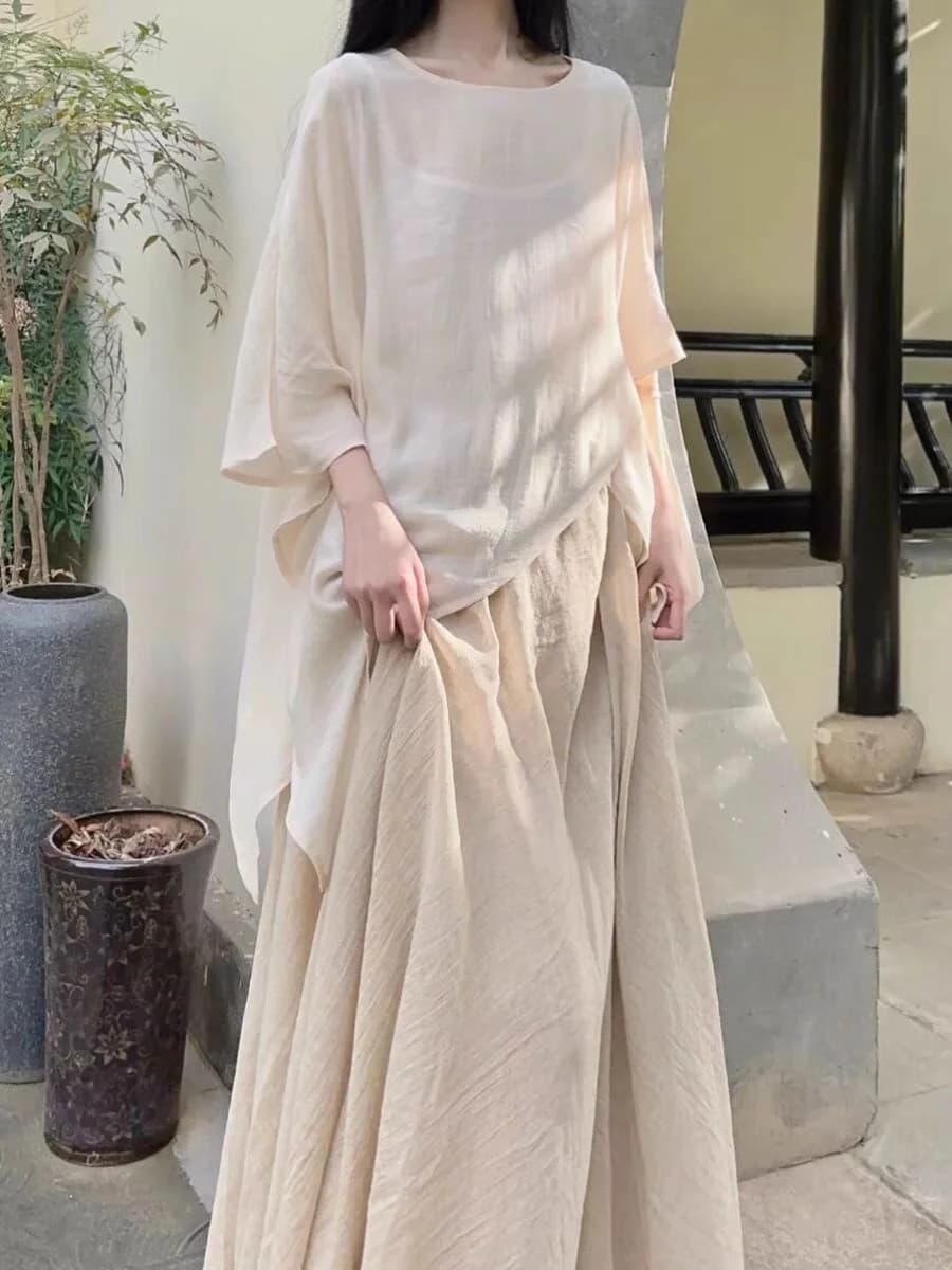 Boho-Chic Summer Short Sleeve Cotton-Linen Skirt Set in Apricot for Women Aged 25-35 round Neckline Three-Piece Ensemble