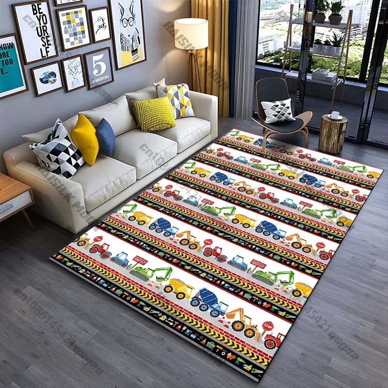 Tappeto con veicoli da costruzione e segnali di sicurezza, tappeto per yoga, decorazione per soggiorno, tappetino per gattonare per bambini, tappetino per zerbino, tappeto per area gioco