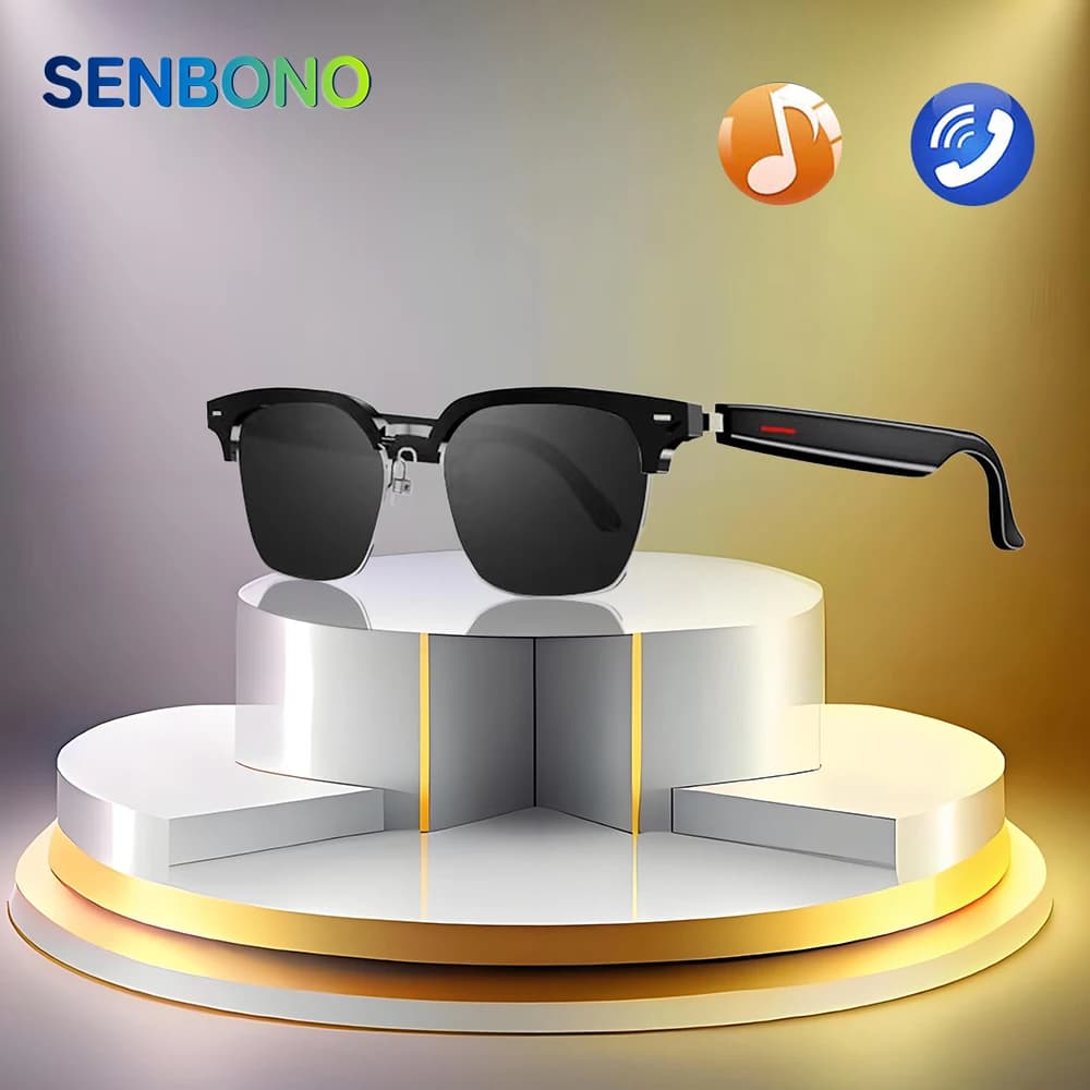 SENBONO Occhiali intelligenti con occhiali da sole Cuffie auricolari aperte Anti luce blu Occhiali da sole impermeabili per chiamate in vivavoce per uomo Womem