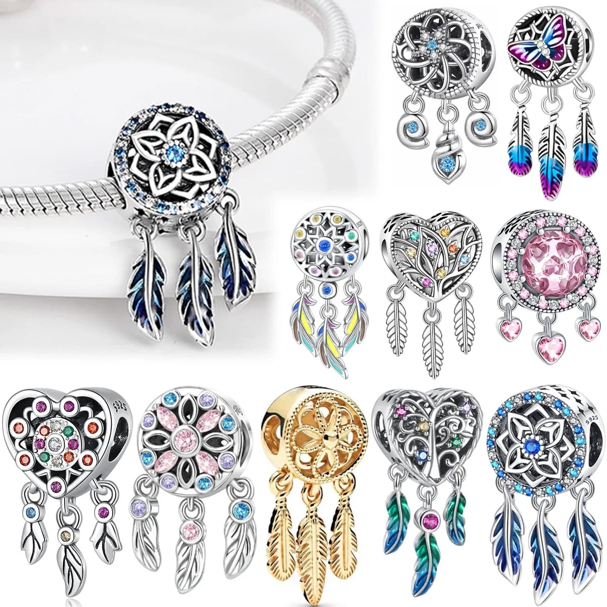 925 Sterling Silver Dreamcatcher Charms Feather Heart Flower Beaded Bracelet Jewelry with Colorful Stones Beads Gift for Women