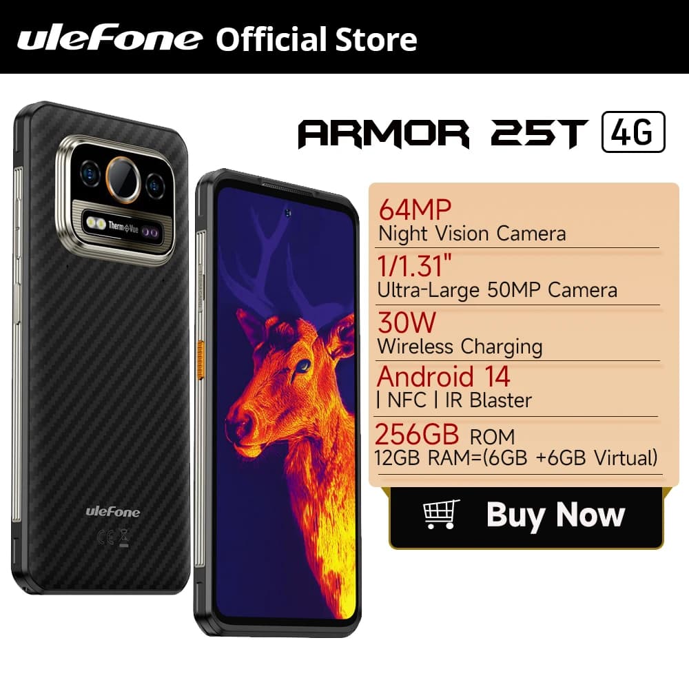 Ulefone Armor 25T 4G Telefono robusto Android 14 33W 50MP + 64MP Telecamera notturna NFC Smartphone impermeabile 6.78 "120Hz 256GB ROM globale