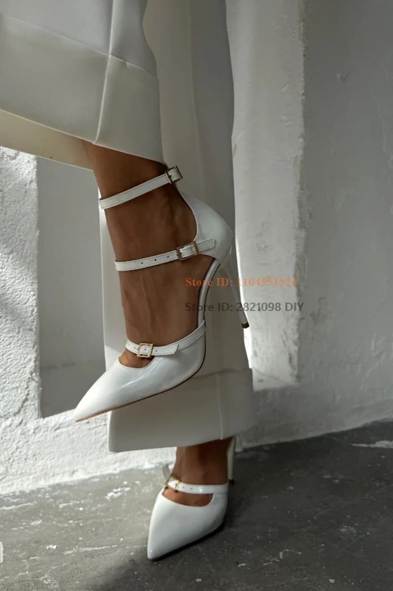 Patent Leather Women's Pumps Autumn Pointed Toe 3 Belt Buckle Straps Solid Fashion Shallow Mouth High Heels Dress Shoes