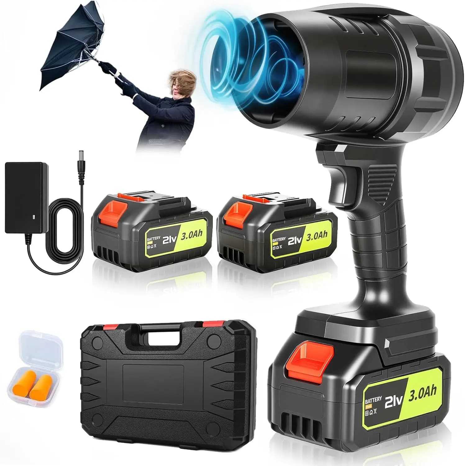 Soffiatore per foglie senza fili da 100.000 RPM, 2 batterie da 3.0Ah e caricabatterie rapido, Turbo Jet portatile per asciugatura di prati, neve, giardini e auto