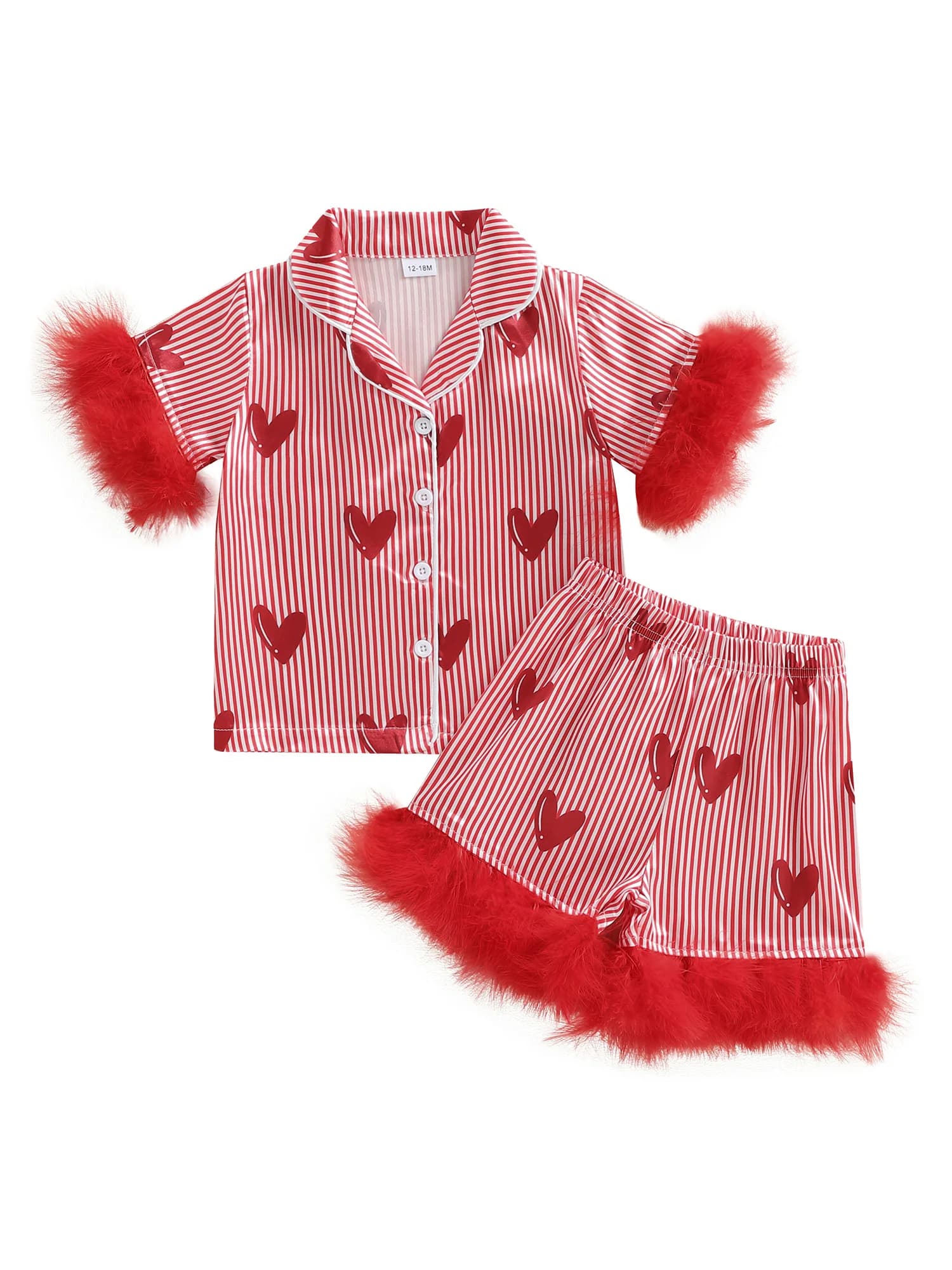 Adorable Baby Boy Valentines Pajamas Set with Cute Heart Print and Cozy Fur Trim Matching Button Down Tops and Shorts