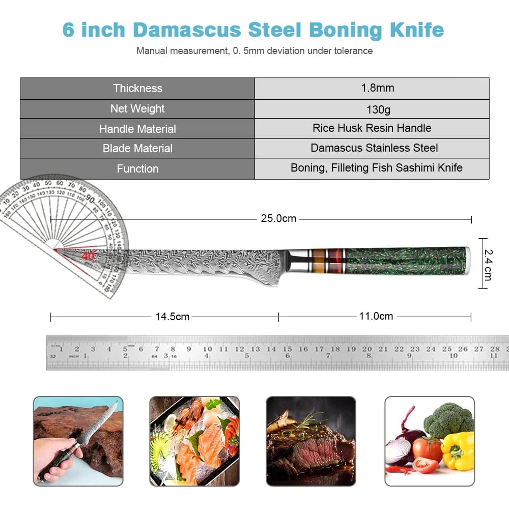 Coltello Giapponese per Disossare 6 Pollici, Coltello da Filettatura con Lama Affilata in Acciaio Damascato, Coltello da Cucina per Disossare, Manico in Resina di Lolla di Riso