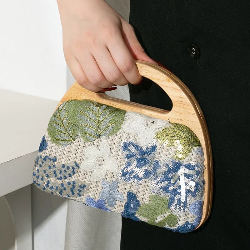 Shinny Sequins Embroidery Clutch Bag for Women Wooden Handle Handbags Flower Shoulder Crossbody Bag Luxury Evening Party Purses
