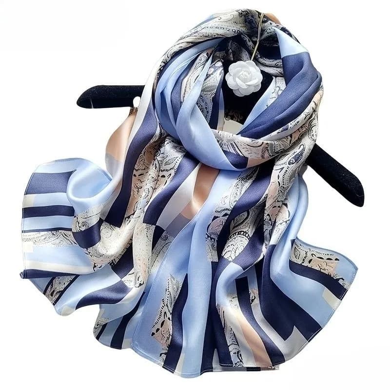Sciarpa Lunga 100% Seta di Gelso per Donna, Sciarpe Rettangolari per Copricapo e Collo - Foulard Rettangolare con Stampa Geometrica Blu, Confezione Regalo