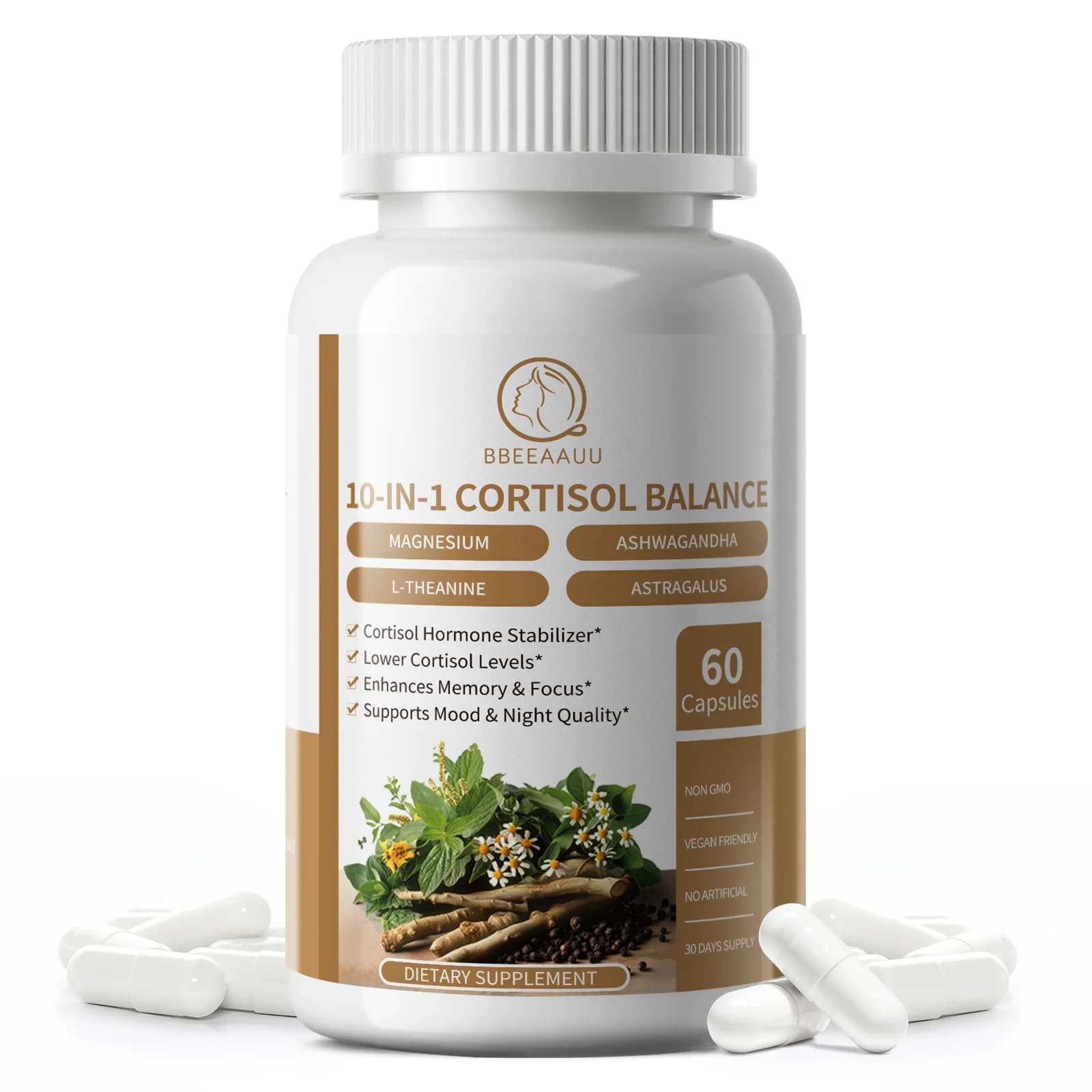 Cortisol supports with Ashwagandha, Camomilla, L-Tanina, Fosfatidilsserine, St. John's Grass, Vitamin C&D3 for Women GMO 120pz