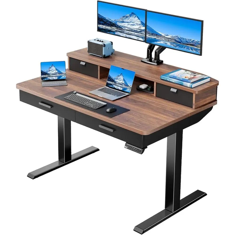 Scrivania Elettrica Ergonomica 48x30 con 4 Cassetti, Altezza Regolabile, 2 Ripiani, Supporto Monitor a Morsetto, Finitura Noce