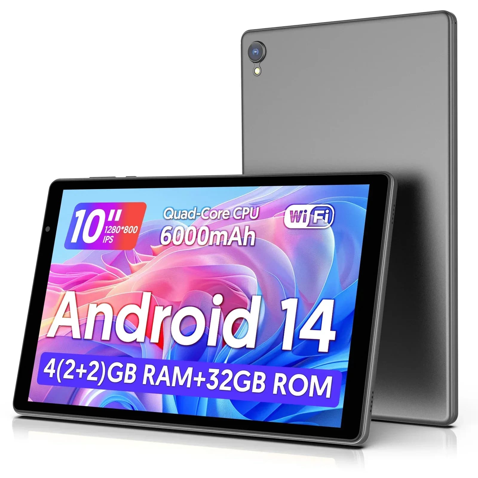 10 inch tablet, Android 14, quad-core processor, 4 GB of RAM (2 GB+2 GB expandable), 32 GB storage, Wi-Fi, double camera, 6000 mAh