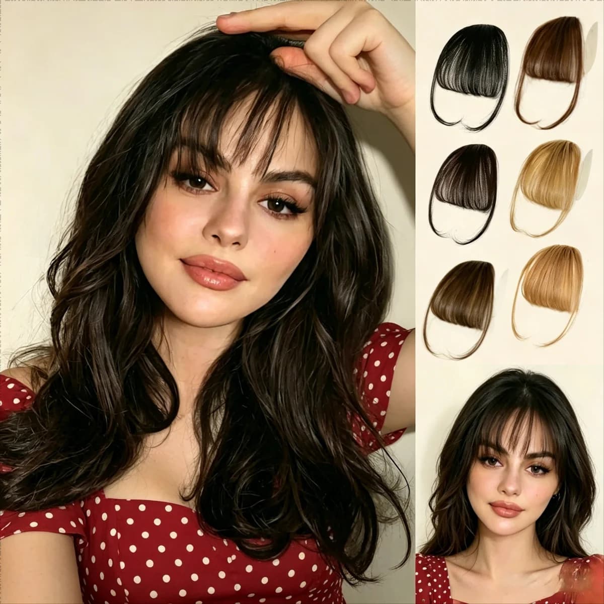 Frange a clip, frangia naturale effetto wispy con ciuffetti laterali, extension di capelli curvi marrone-nero, morbidi, leggeri e con fusione perfetta, facili da applicare senza danneggiare i capelli, aspetto naturale e realistico, accessori per capelli alla moda per lo styling quotidiano, trucco e appuntamenti.