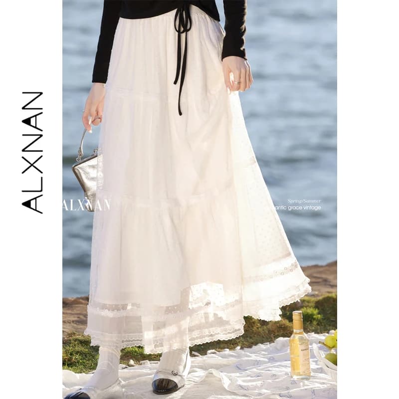 ALXNAN Gonna Lunga da Donna a Trapezio in Pizzo e Rete per Vacanze, Collezione Estate 2026, Elegante per Feste e Vacanze, Vita Alta, Abbigliamento Femminile L52896