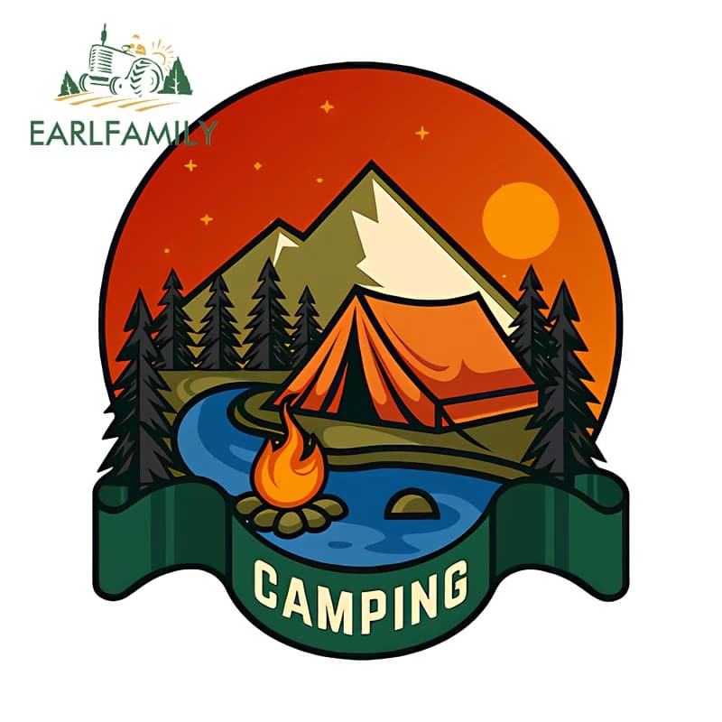EARLFAMILY Camping Sunset Car Stickers Nature Windows Fishing Tackle Box Decals Travel Truck Motorcycle Sunscreen Accessories
