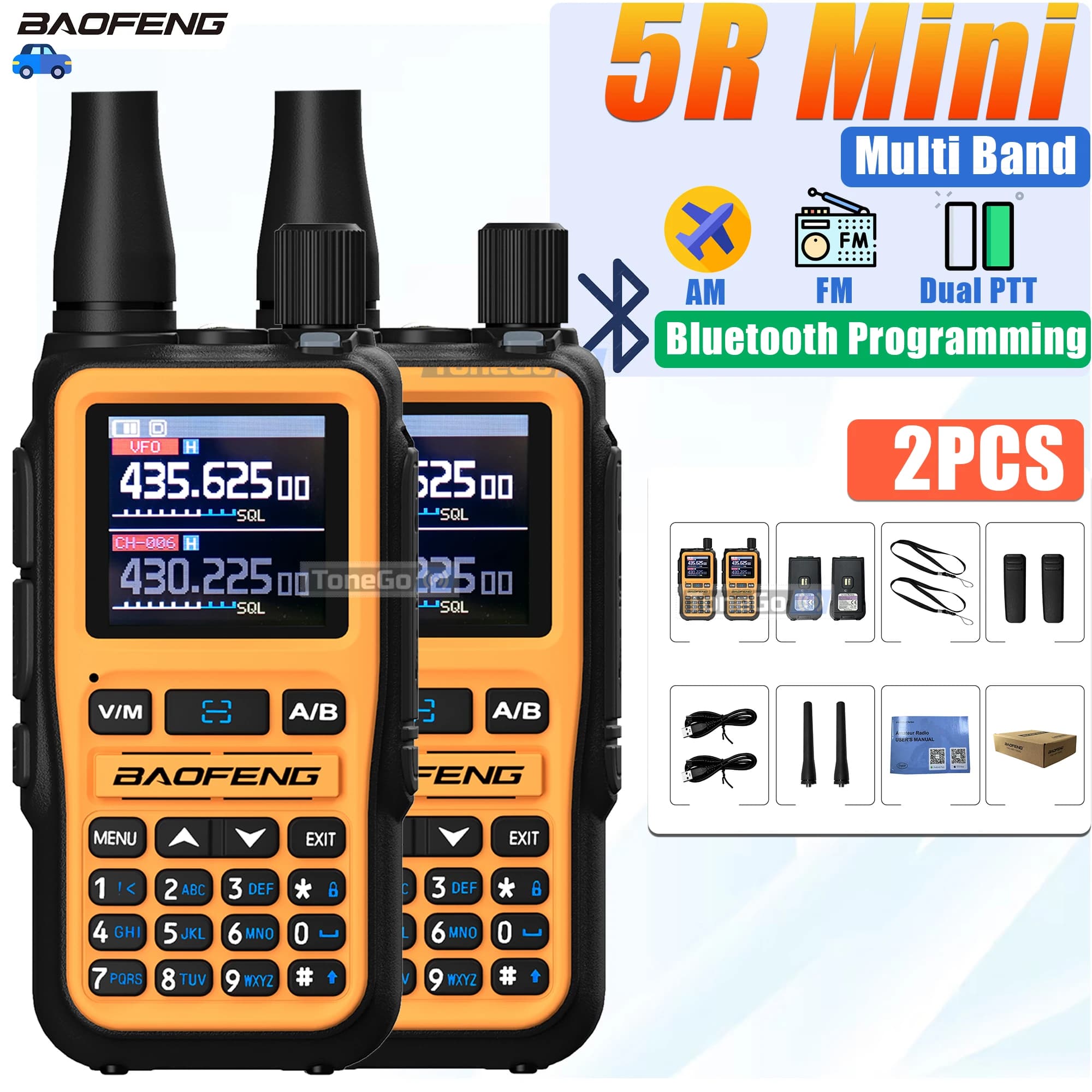 Baofeng 5R-Mini Walkie Talkie Radio portatile Programmazione Bluetooth DTMF AM FM Trasmettitori PTT doppi 999CH Torcia elettrica per il campeggio