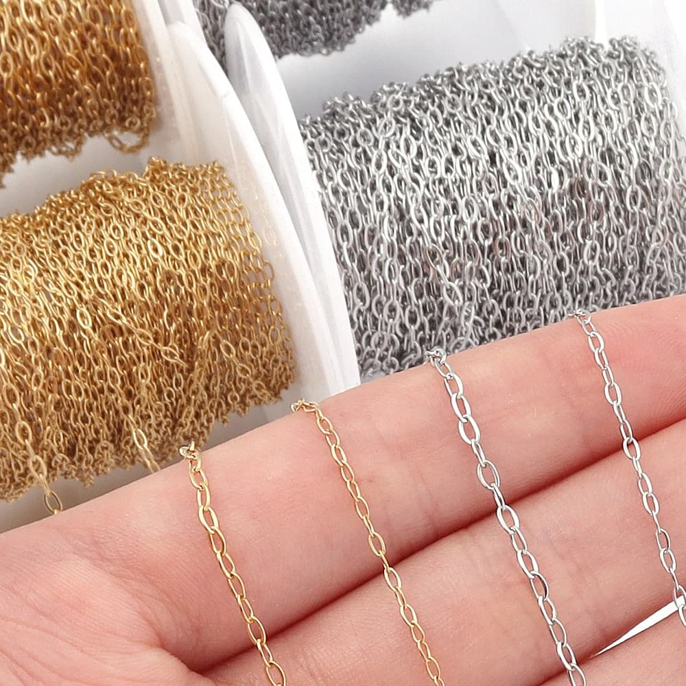 Catene in acciaio inossidabile da 10 iarde/rotolo, catene a forma di O con collegamenti a croce per la creazione di gioielli, collane e braccialetti fai da te.
