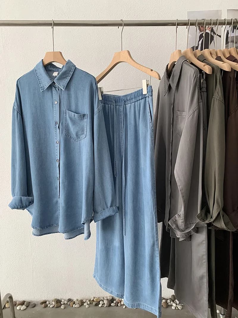 Spring New Women's Denim Set Korean Casual Fashion Simple Solid Color Lapel Long Sleeve Shirt Wide Leg Jeans Two-piece Sets