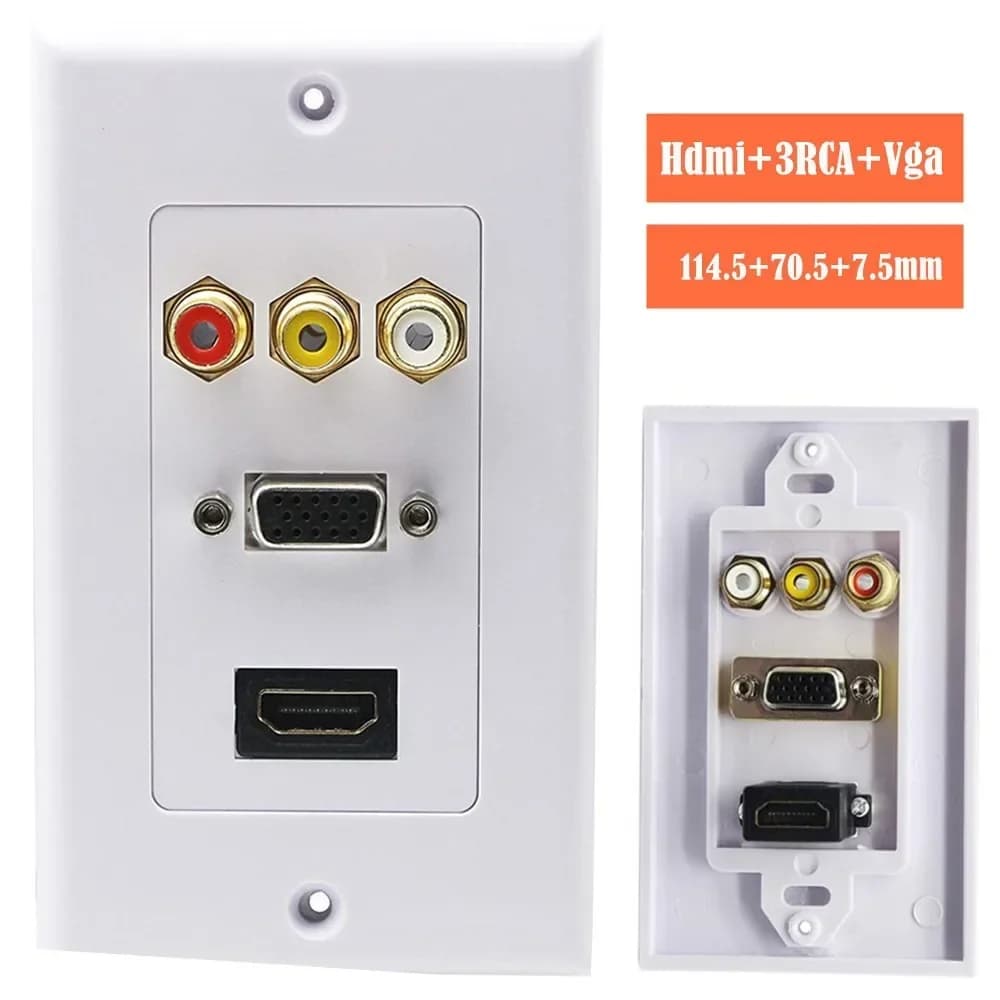 Pannello Copri-Prese HDMI VGA 3RCA Combo per TV Domestica, Placca Audio Video da Parete (1 HDMI + 3 RCA + 1 VGA) - Bianco