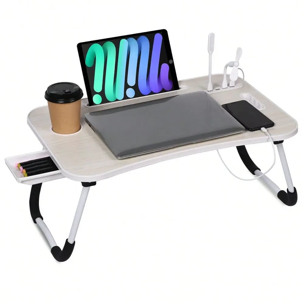 Tavolino da letto, tavolo portatile pieghevole per laptop con porta di ricarica USB, portabicchieri e cassetto portaoggetti, vassoio da letto per divano e pavimento