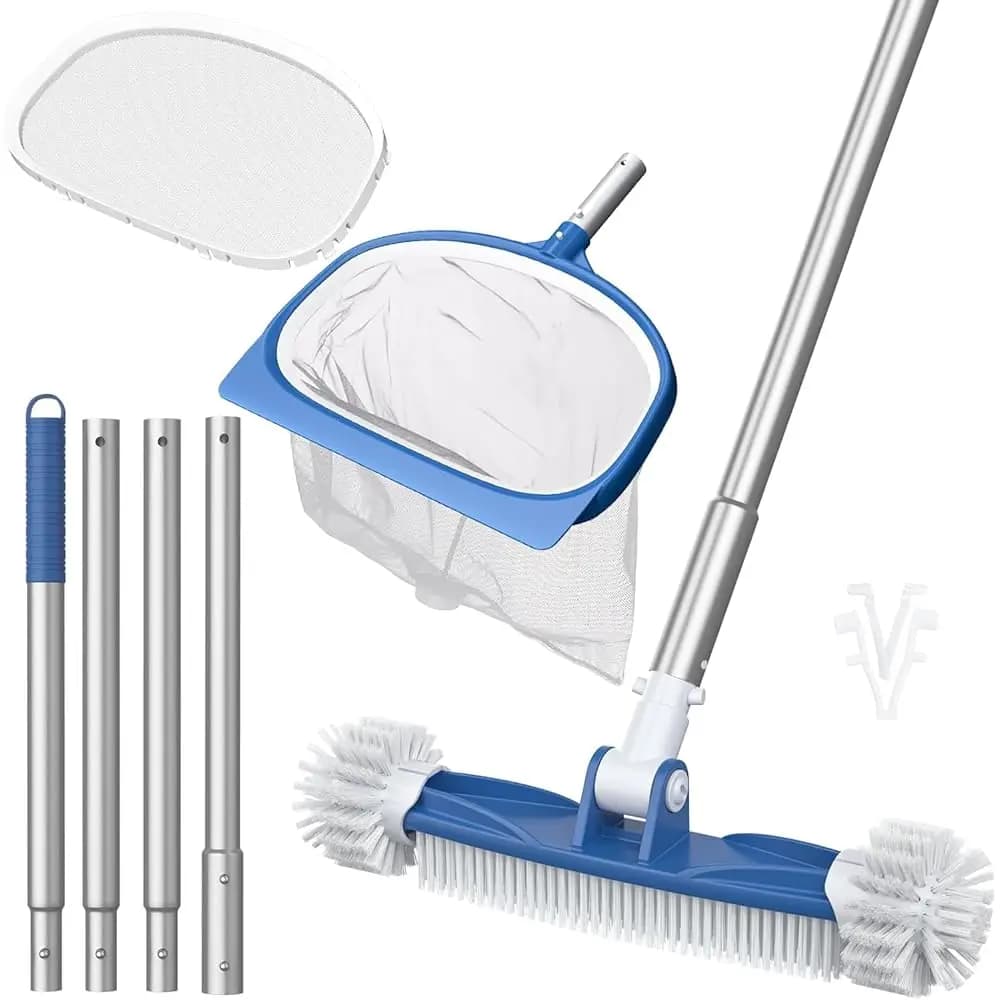 Kit per la Pulizia della Piscina, Include Asta Telescopica, Testina Rotante per Spazzola da Piscina da 18,5 Pollici, Raccogli Foglie a Rete Fine