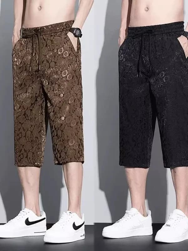 Ice Silk Embroidered Men's 7/8 Pants Casual Loose Breathable Summer Shorts Straight Leg Multifunctional Comfortable mid Waist
