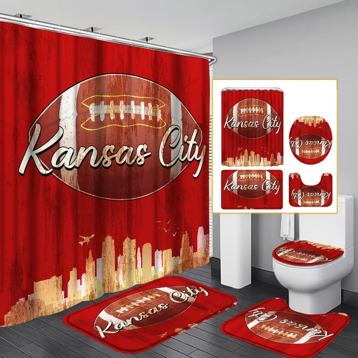 Set da bagno in quattro pezzi Kansas City Football - Tenda da doccia impermeabile a tema sportivo per un set completo da bagno