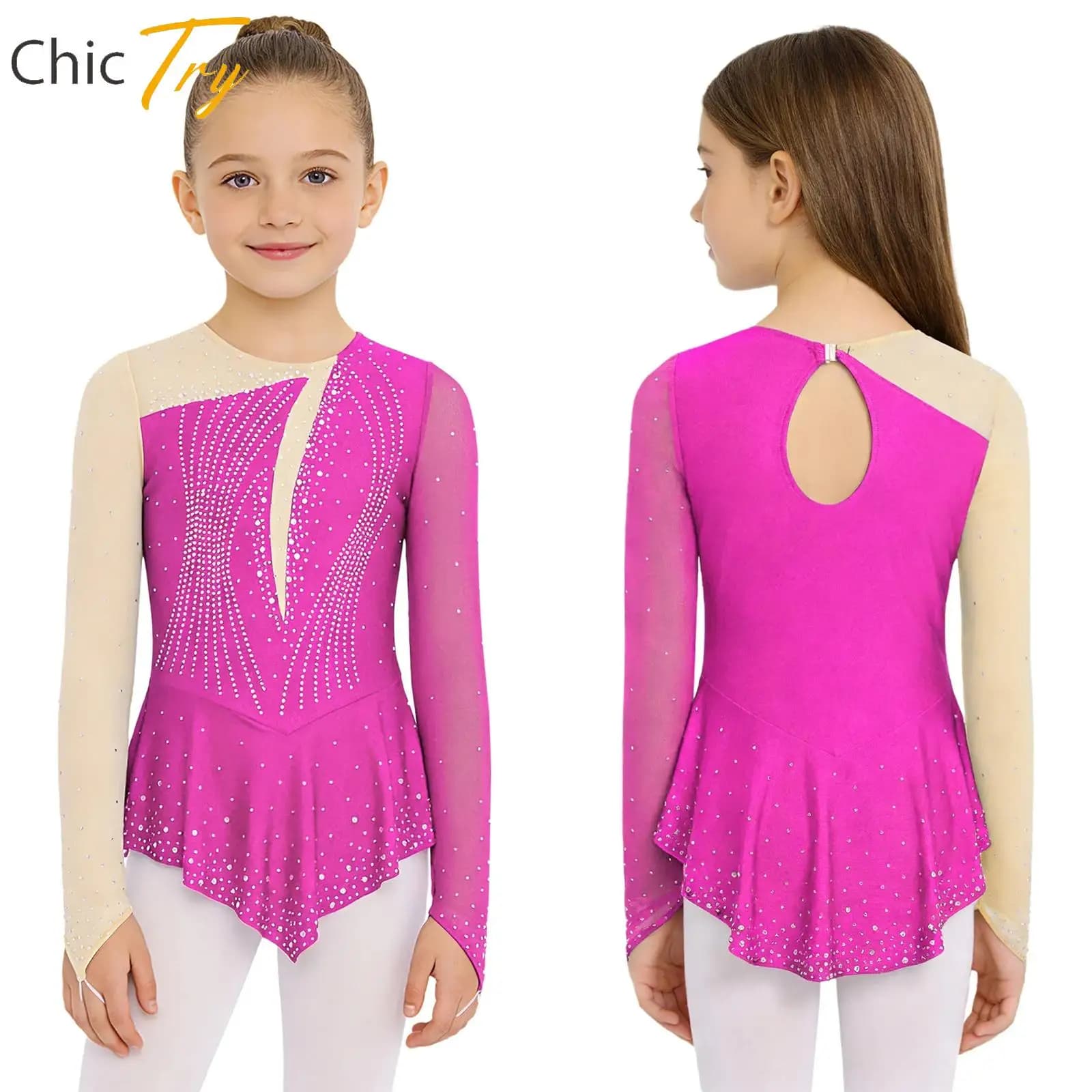 Costume da Pattinaggio Artistico per Ragazze, Abito a Maniche Lunghe con Strass e Rete per Ginnastica e Danza