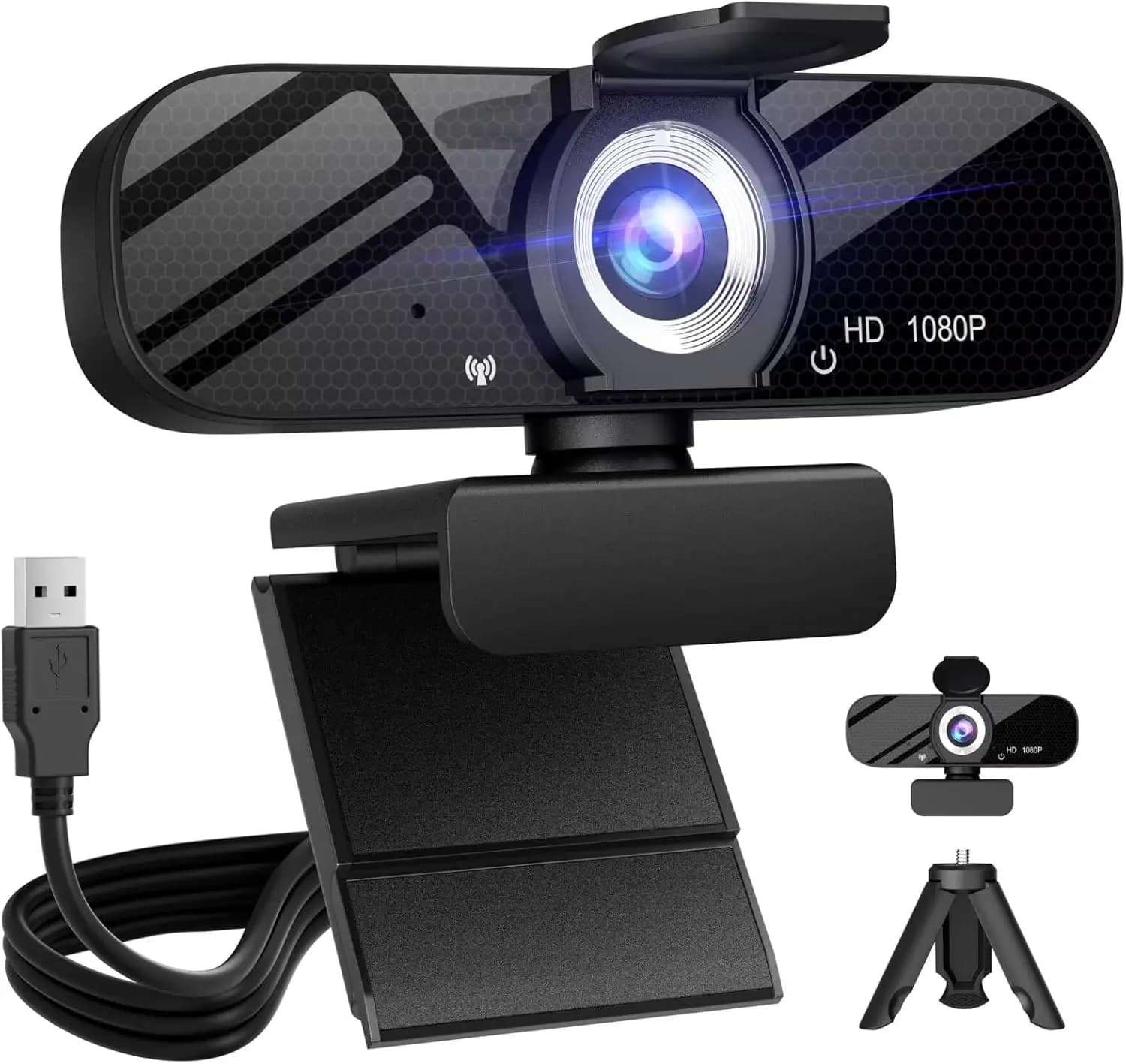 Webcam HD 1080P con Microfono Integrato, Treppiede e Copertura Privacy, Plug-and-Play per PC/Laptop