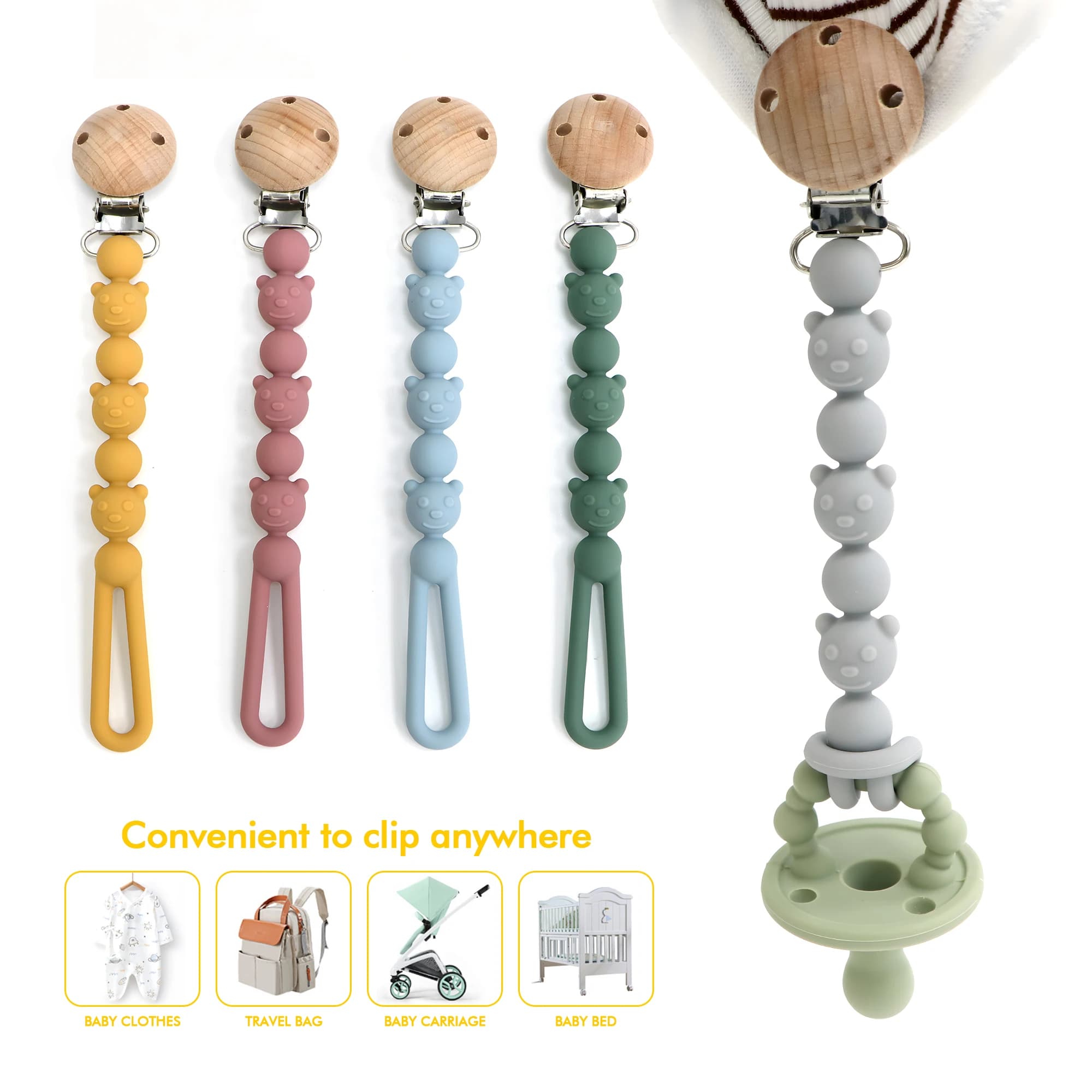 Clip per ciuccio in silicone a forma di orso monopezzo per neonati e ragazze, per la dentizione e gli elementi essenziali per il bambino, sicura per i neonati