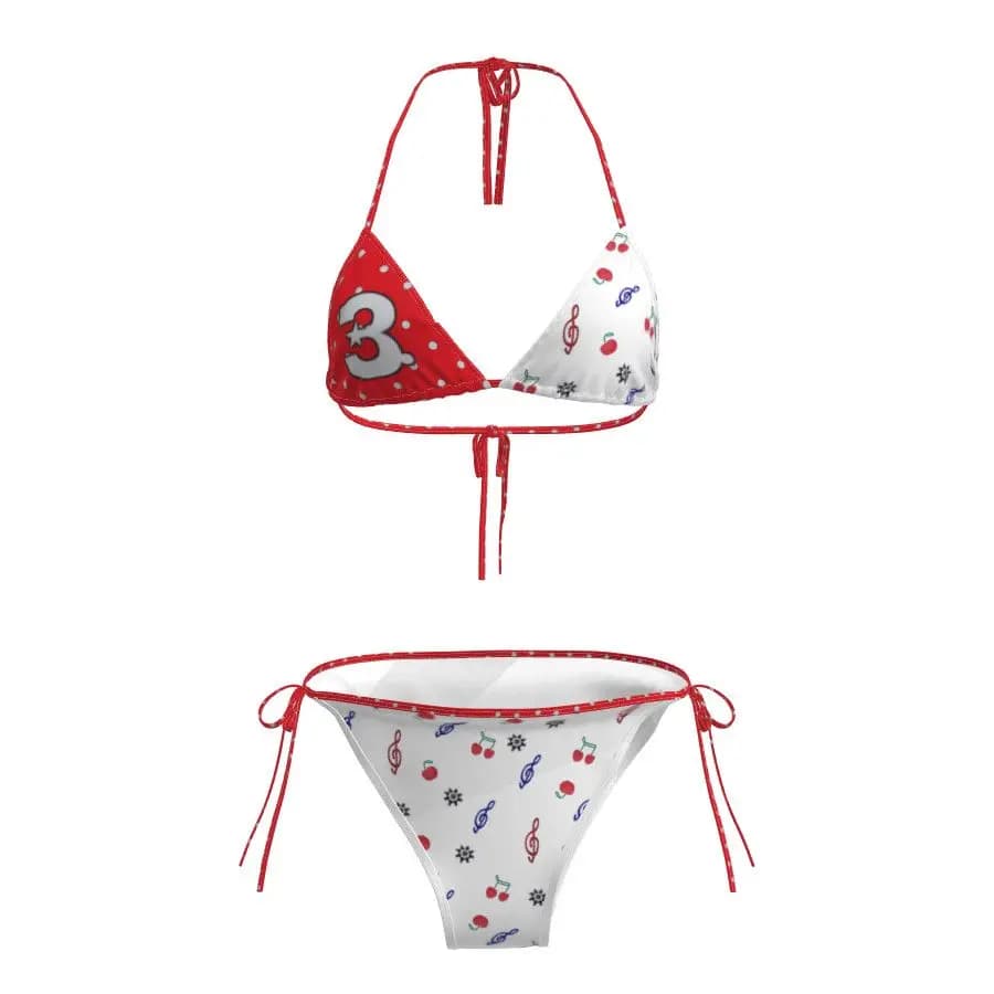 Men's bikini swimsuit Y2K with musical and cherry pattern, polka dots, patchwork, triangular, with side lacing, two pieces, for summer holidays