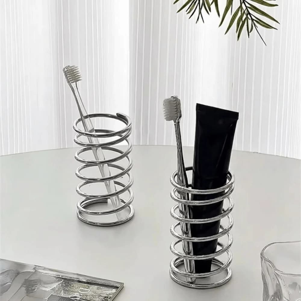 Stainless Steel Spring Shaped Toothbrush Holder Silver Space Saving Makeup Brush Storage Rack Hollow