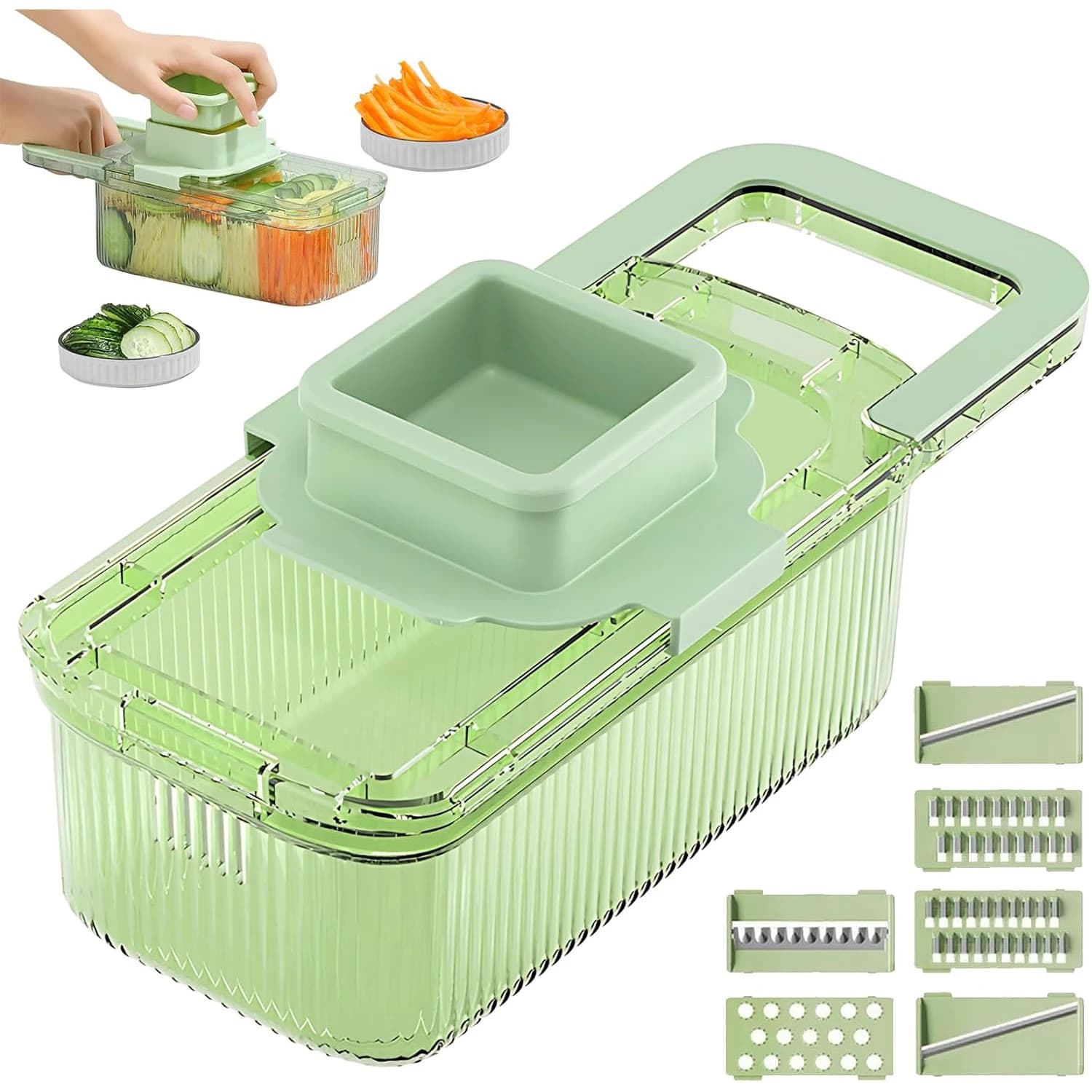 Multifunctional Food Grater, Six Cutting Tools Vegetable Chopper, Vegetable Chopper with Container(1Cutter+6Blades+Drain Basket)