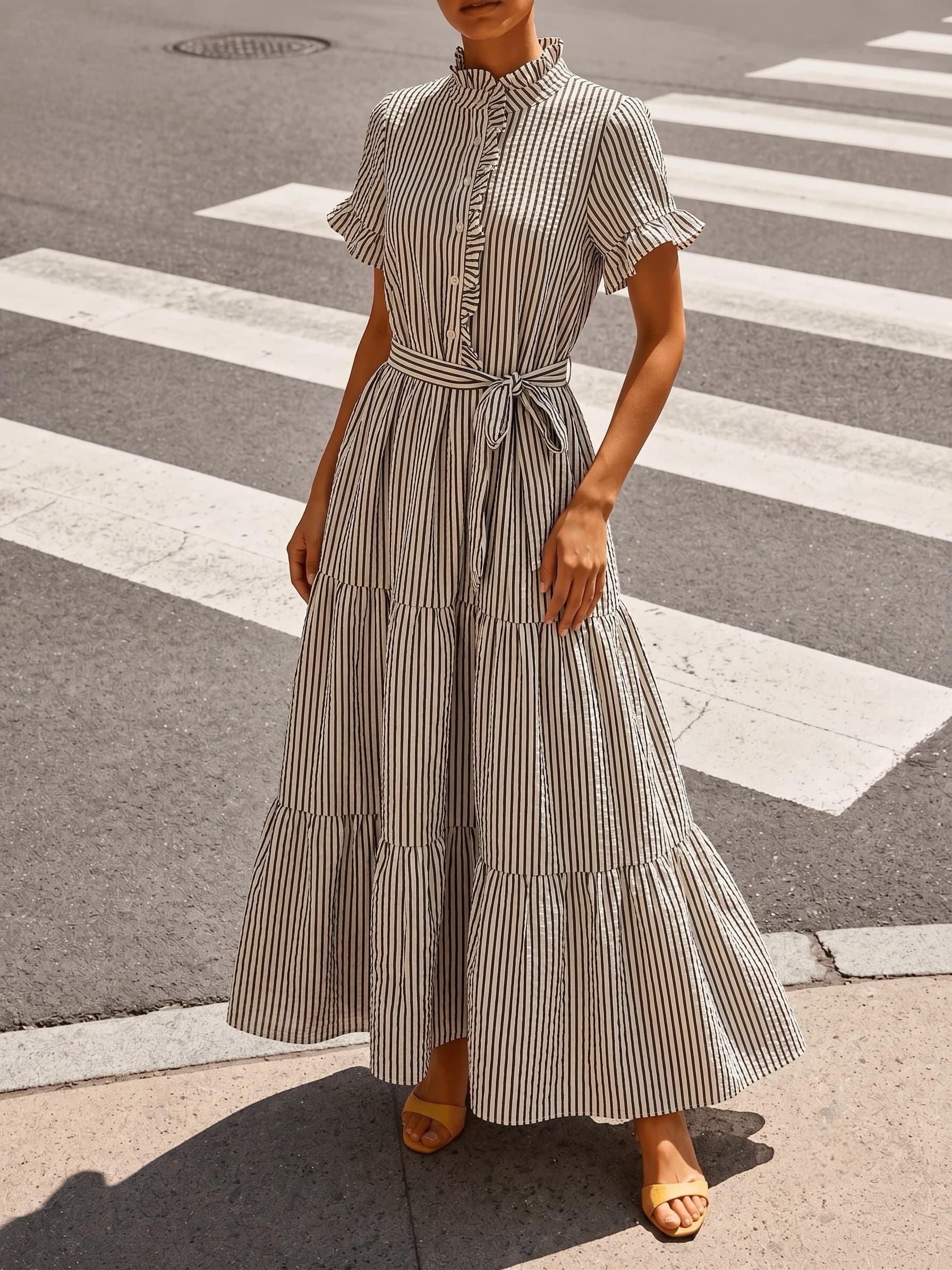 Vintage Striped Shirt Dress Women Elegant Ruffle Short Sleeve Button Belted A-Line Maxi Dress Spring Casual Office Party Robe Fe