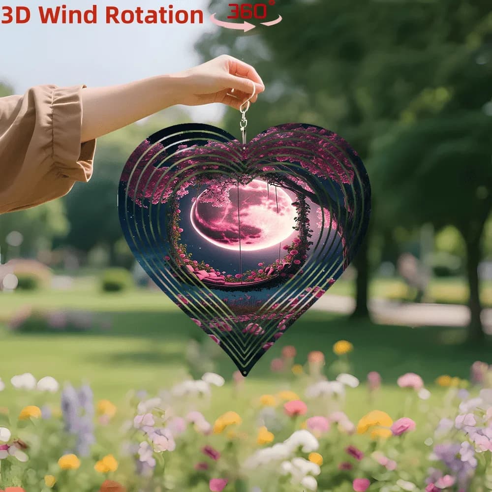 Double Sided Wind Rotating Wind Chimes, 360° Rotating - Elegant heart and rose shape metal outdoor/indoor hanging decoration