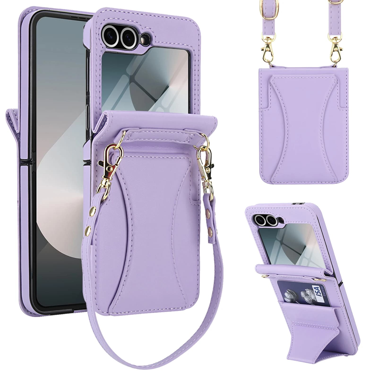 Leather case for Samsung Galaxy Z Flip 7 FE 6 5 4 3 5G Shoulder bag Cordino Card holder Cover + Screen protection