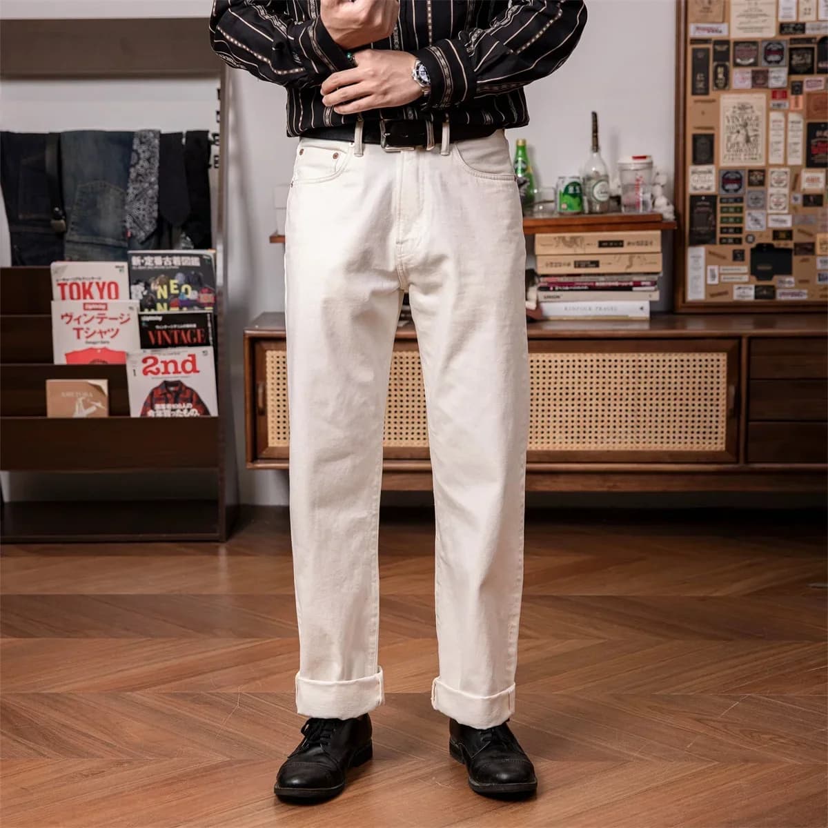 Red Tornado 55501 Jeans da uomo dritti rilassati bianchi Pantaloni in denim con cimosa stile robusto da 14 once