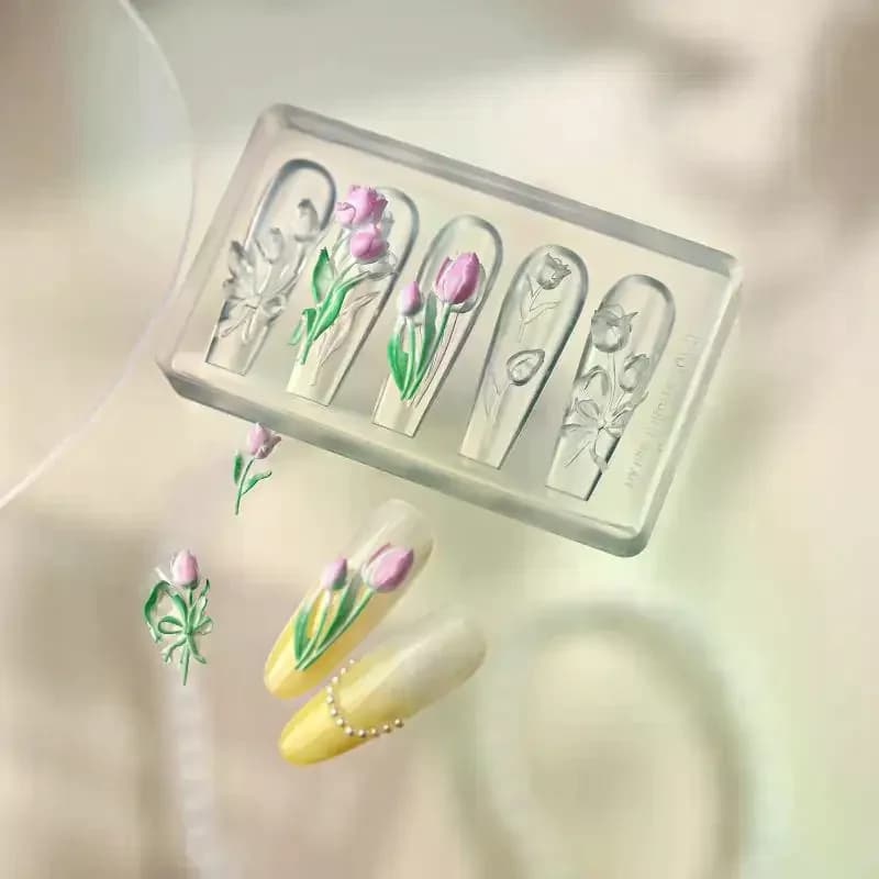 1Pcs High Transparent 3D Nail Art Carving Mold With Box Butterfly Tulip Lily Flower Template For Nail Decoration